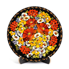 Wooden Decorative Plate with Bright Yellow and Orange Flowers