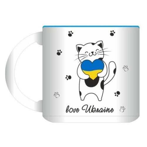 White and Blue Ceramic Cup with Cat Love Ukraine 300ml